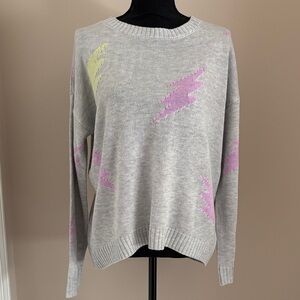 Fate Gray Sweater with Pink and Yellow Lightning Accents, size small. NWOT